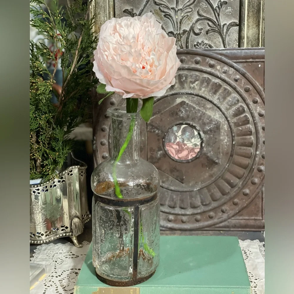 Vintage Pulegoso clear bubble Glass bottle Rustic metal French country cottage